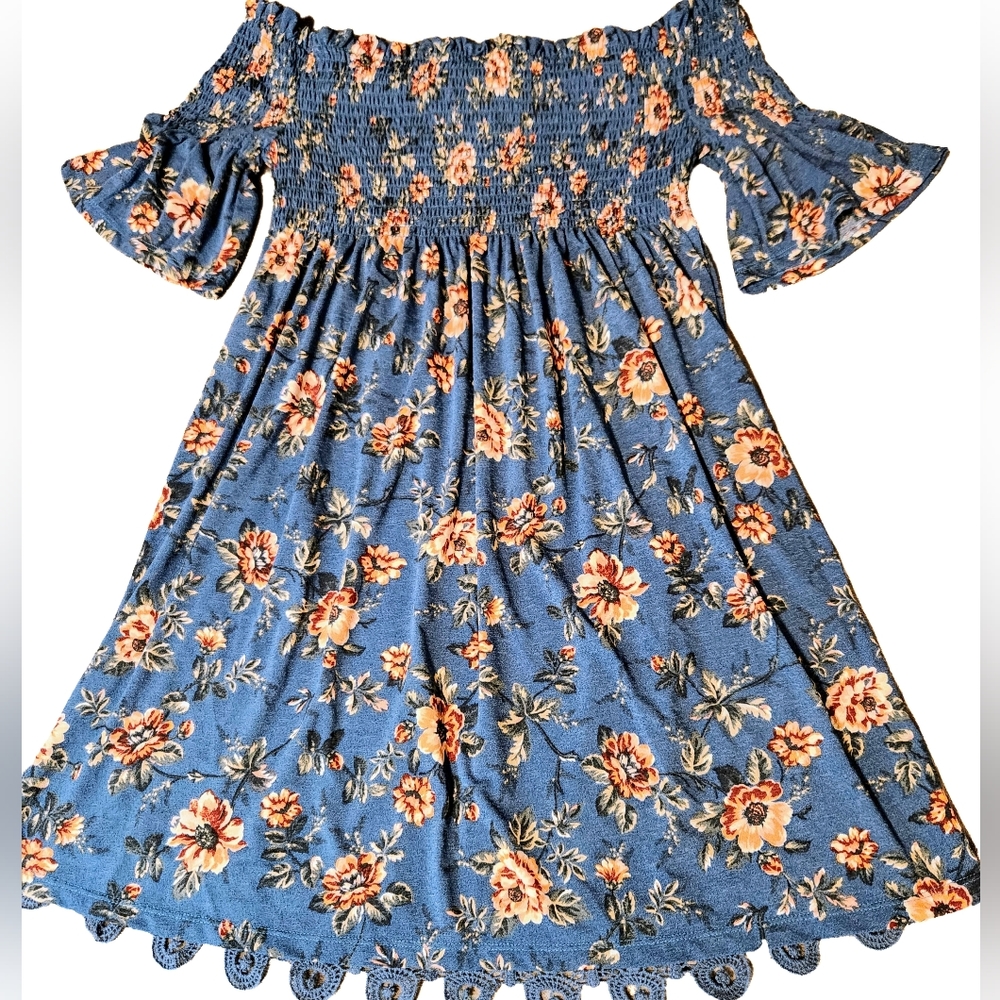 Women's off the shoulder summer dress, large, blue with flowers